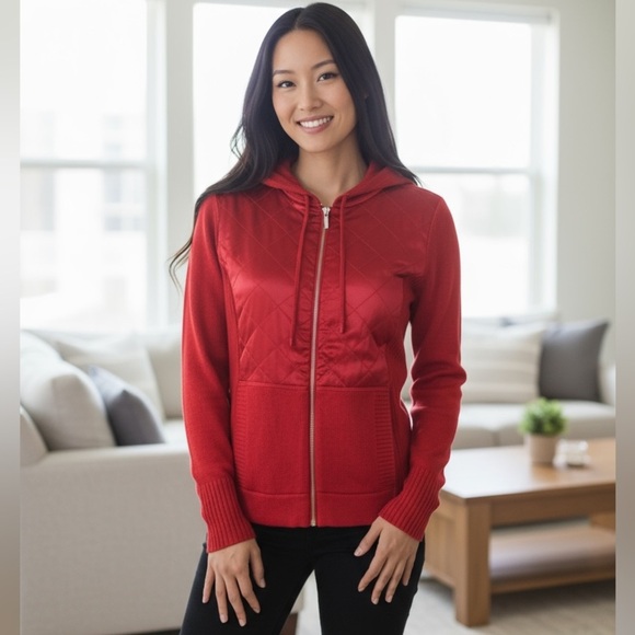 Bloomingdale’s Vintage Hoodie Sweater Red Silk Cashmere Women’s M - Picture 1 of 11